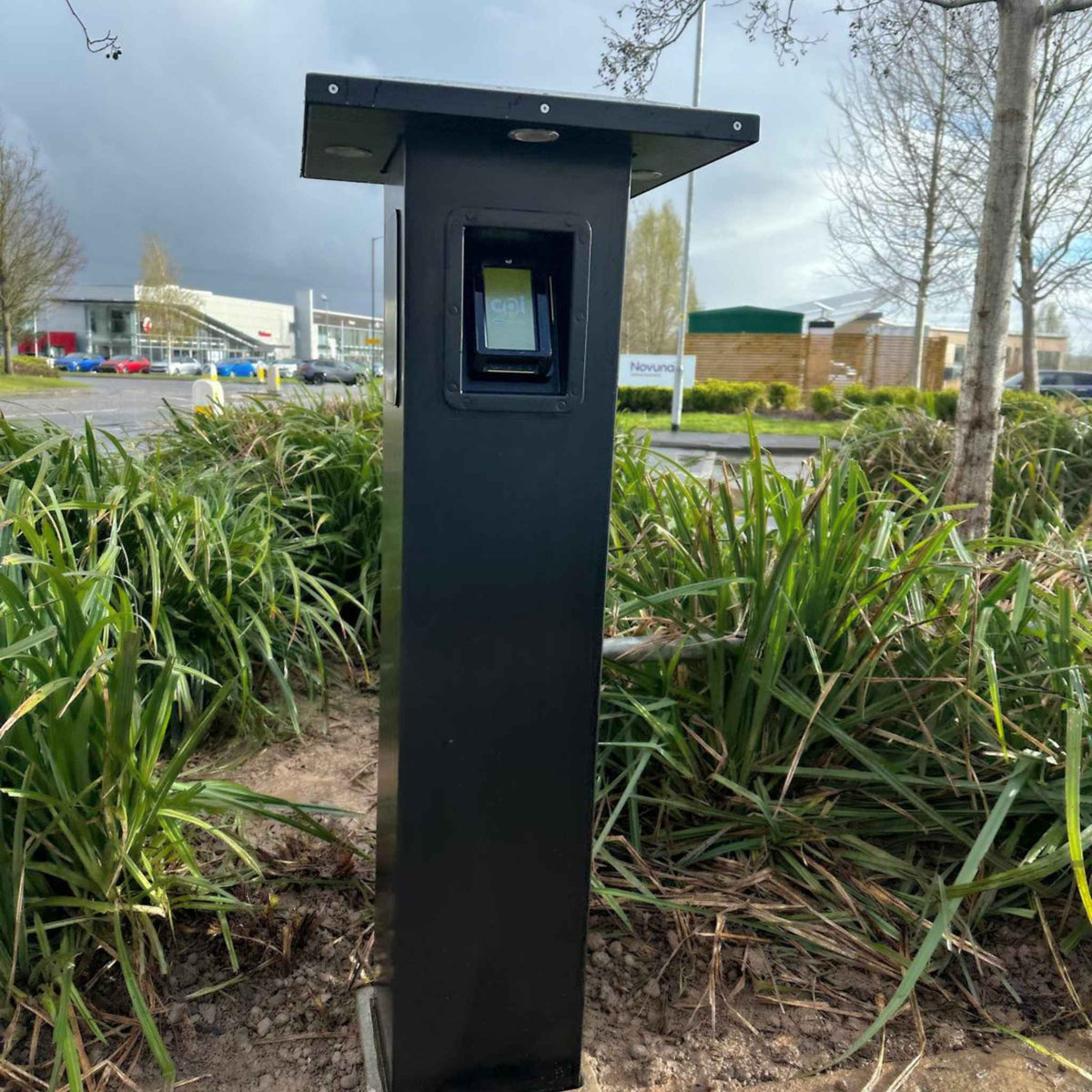 EVT110 EV payment terminal tower with weather hood and POS screen housing